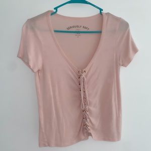 Aeropostale soft light pink tie up tee shirt